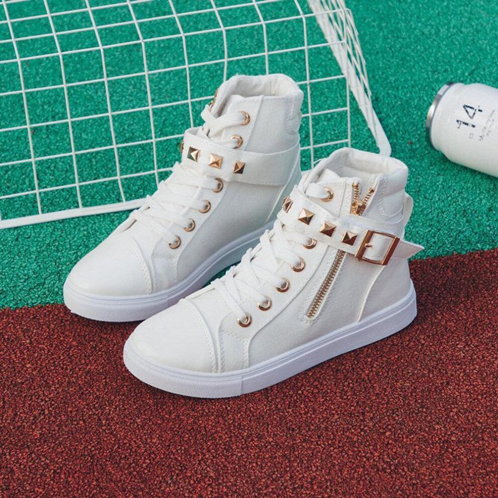 (white, 35) Women's High Top Canvas Sneakers With Velcro, Korean Style - Spring/autumn Casual Flat Shoes, White.