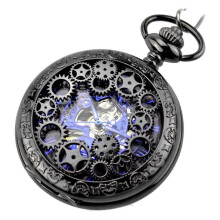 (As show, One size) Black Hollow Gear Wheel Skeleton Hand Wind Mechanical Pocket Watch with Chain