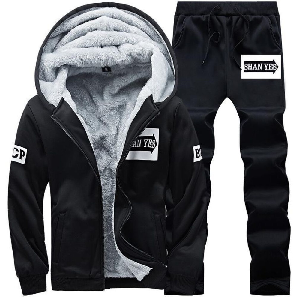 (black, 8XL) Men's Velvet-lined Winter Sportswear Set: Warm Sweatshirt, Pants & Baseball Shirt