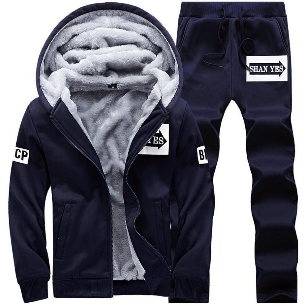 (navy blue, 2XL) Men's Velvet-lined Winter Sportswear Set: Warm Sweatshirt, Pants & Baseball Shirt