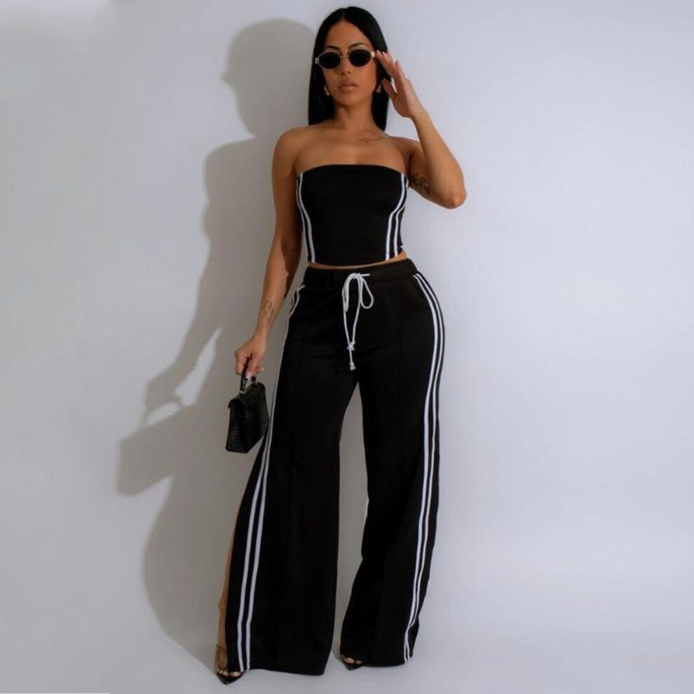 (black, S) Women's Fashionable Bustier Top With Loose Trousers Casual Two-piece Set