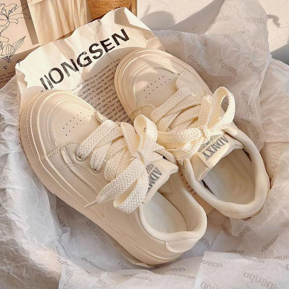 (beige, 38) 2024 Women's Thick-soled White Sneakers: Perfect Pair For Skirts, Trendy Autumn All-match Big-headed Design.