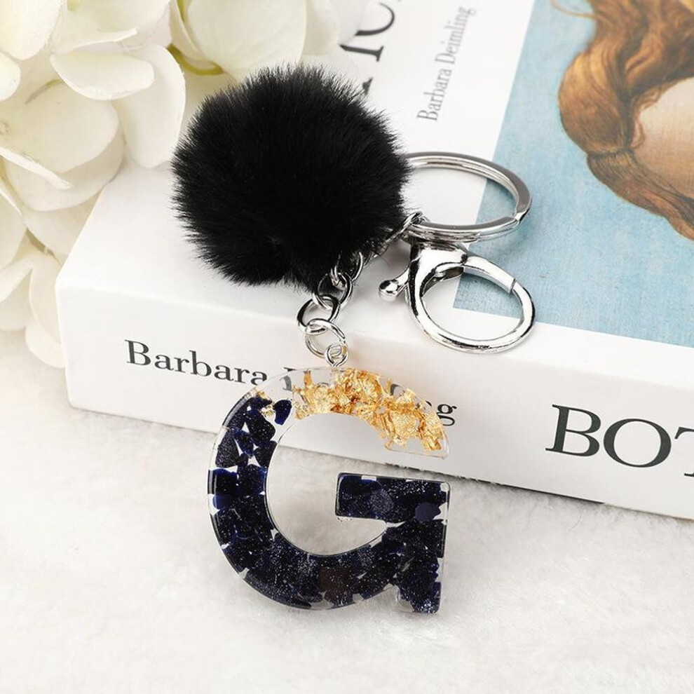(Other, G) Black Gold A-Z Initial Alphabet Letter Keychain With Plush Pompom Resin Sequin Initial Keyring Women Bags Charms Car Key Chain