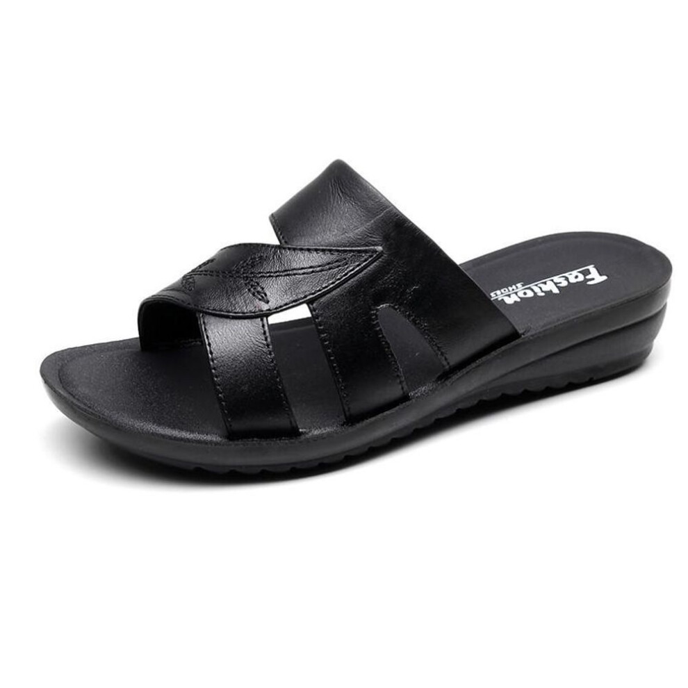 (black, 36) Comfortable Genuine Leather Soft Sole Sandals For Middle-aged & Elderly Women