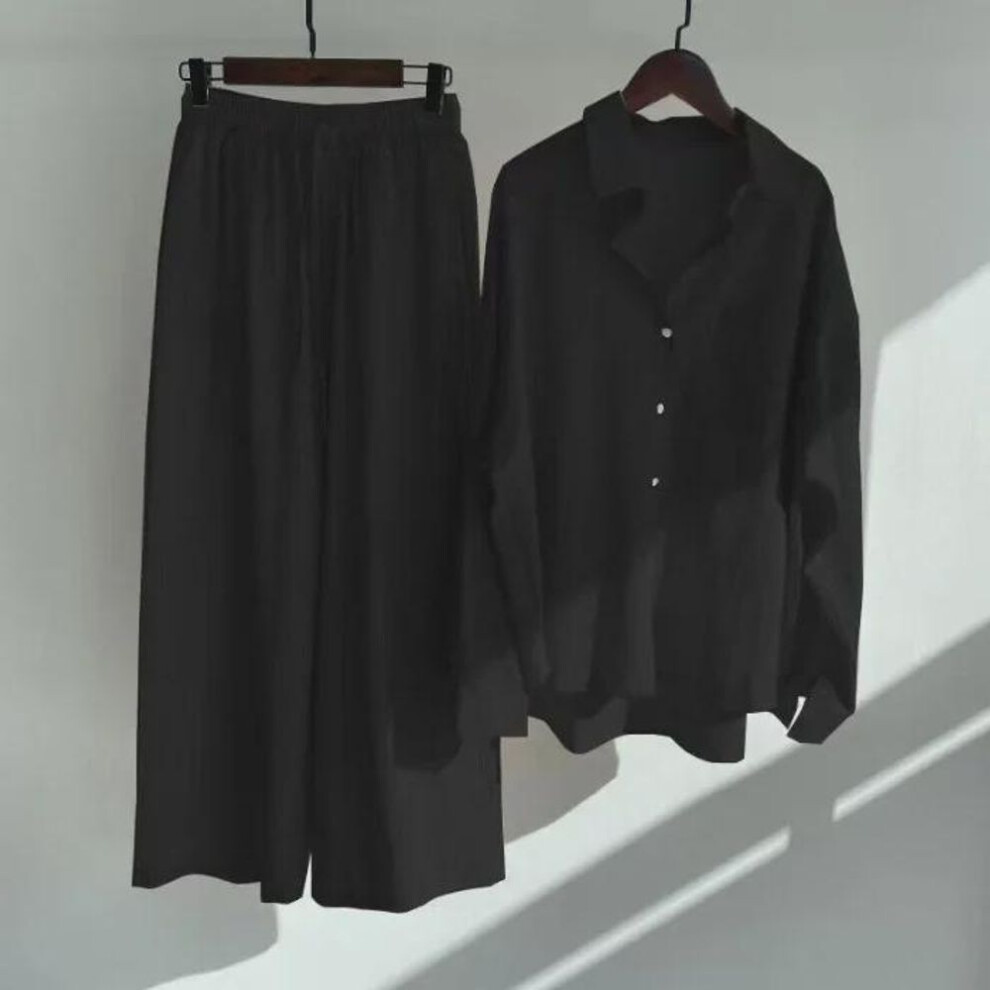 (black, L) 2023 Spring/summer Retro Cotton-linen Women's Two-piece Set: Loose Trousers And Shirt Suit