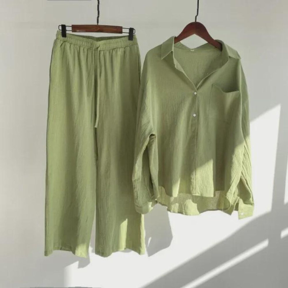 (light green, XL) 2023 Spring/summer Retro Cotton-linen Women's Two-piece Set: Loose Trousers And Shirt Suit
