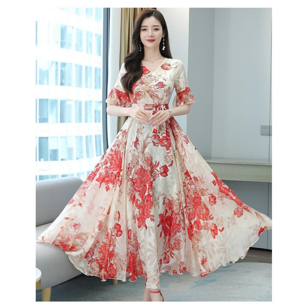 (pink, 2XL) 2022 Summer Floral Trumpet Sleeve Women's Dress - Waist-cinching Swing Style