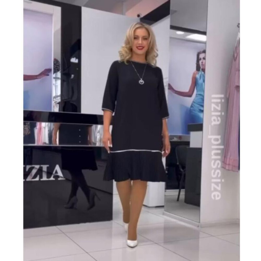 (black, XXL) Plus Size Women's New Fashion Crew Neck Patchwork Dress