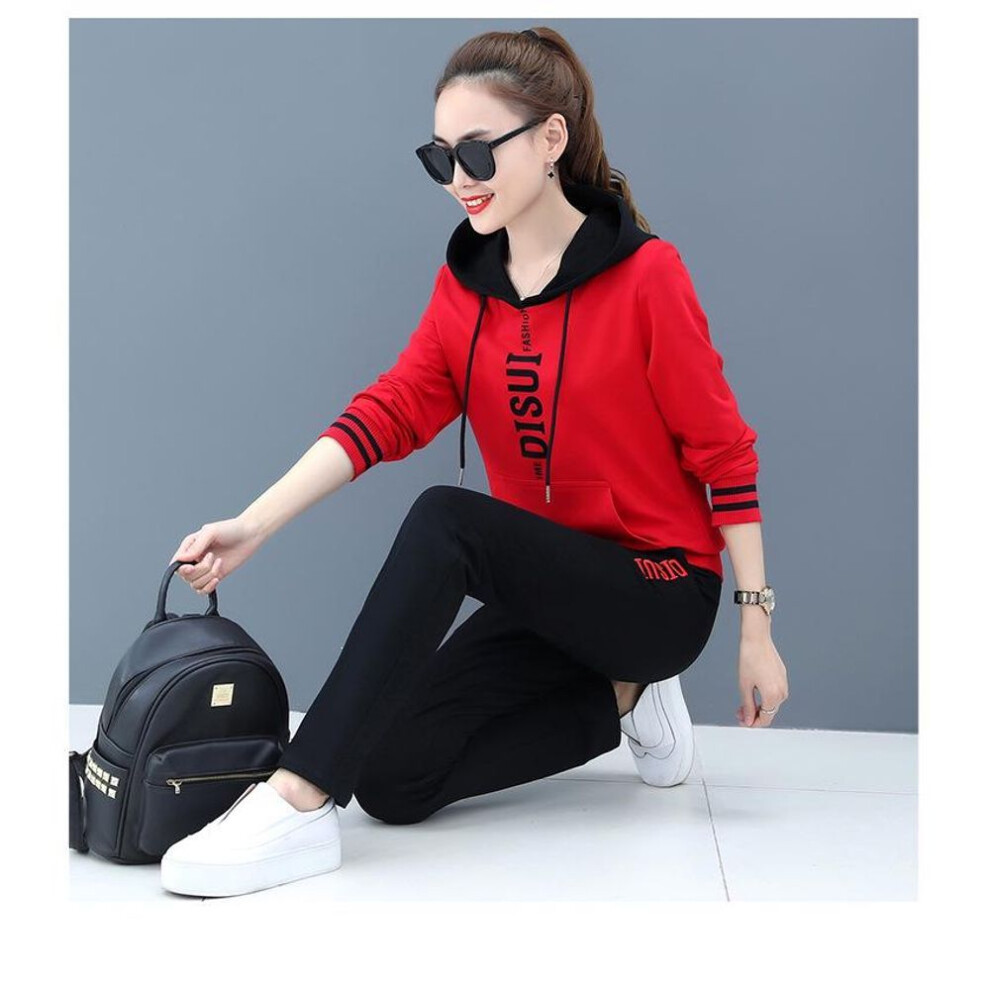 (red, XL) Korean Casual Cotton Sportswear Suit: Ladies' Fashion Hooded Sweatshirt & Pants (2021 Autumn/Winter Collection)
