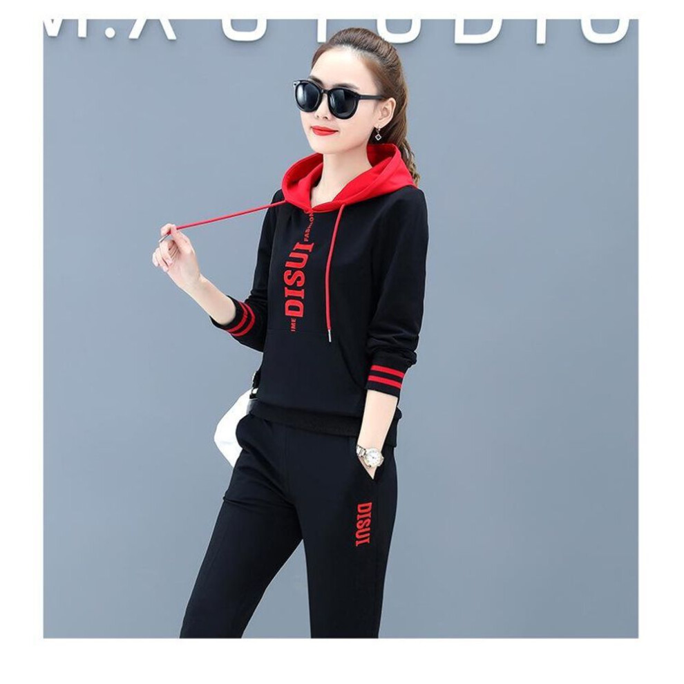 (black, XL) Korean Casual Cotton Sportswear Suit: Ladies' Fashion Hooded Sweatshirt & Pants (2021 Autumn/Winter Collection)