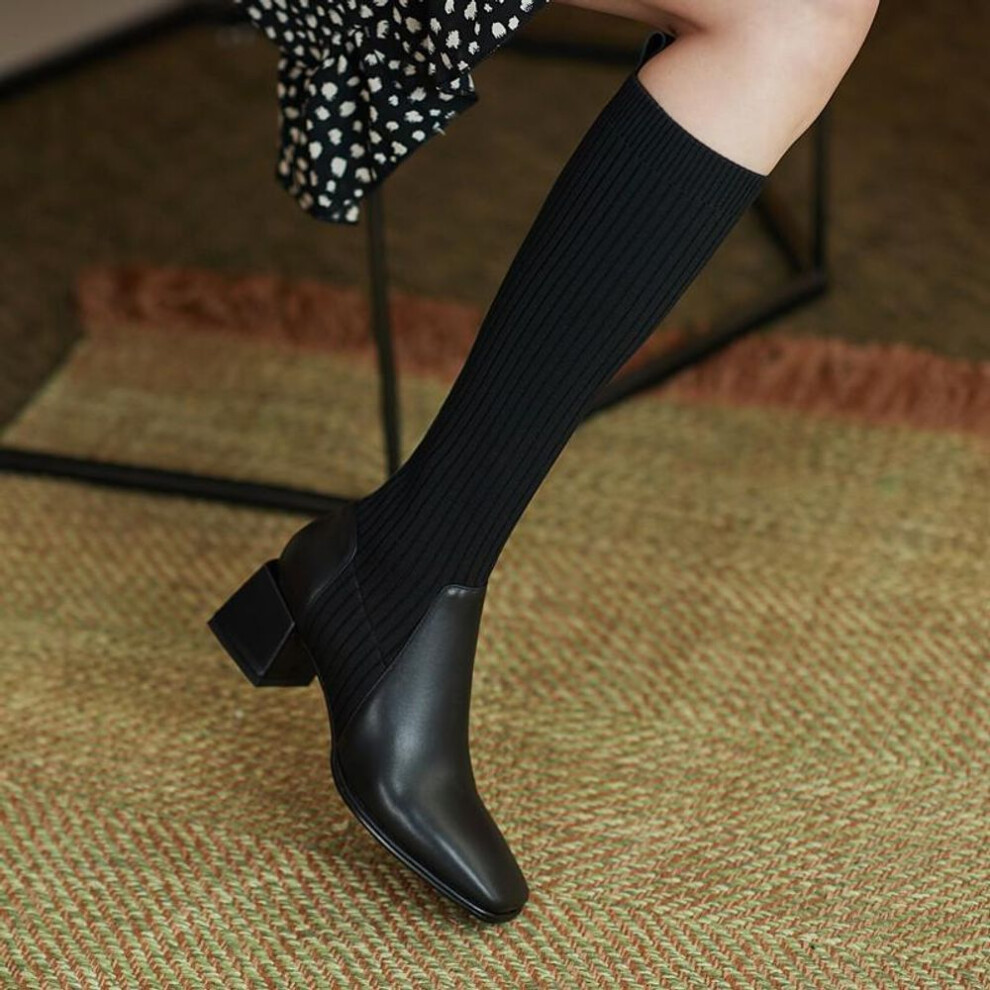 (black, 35) Women's Large Size Long Knitted Leather Mid-Calf Boots with Slim Fit and High Heels