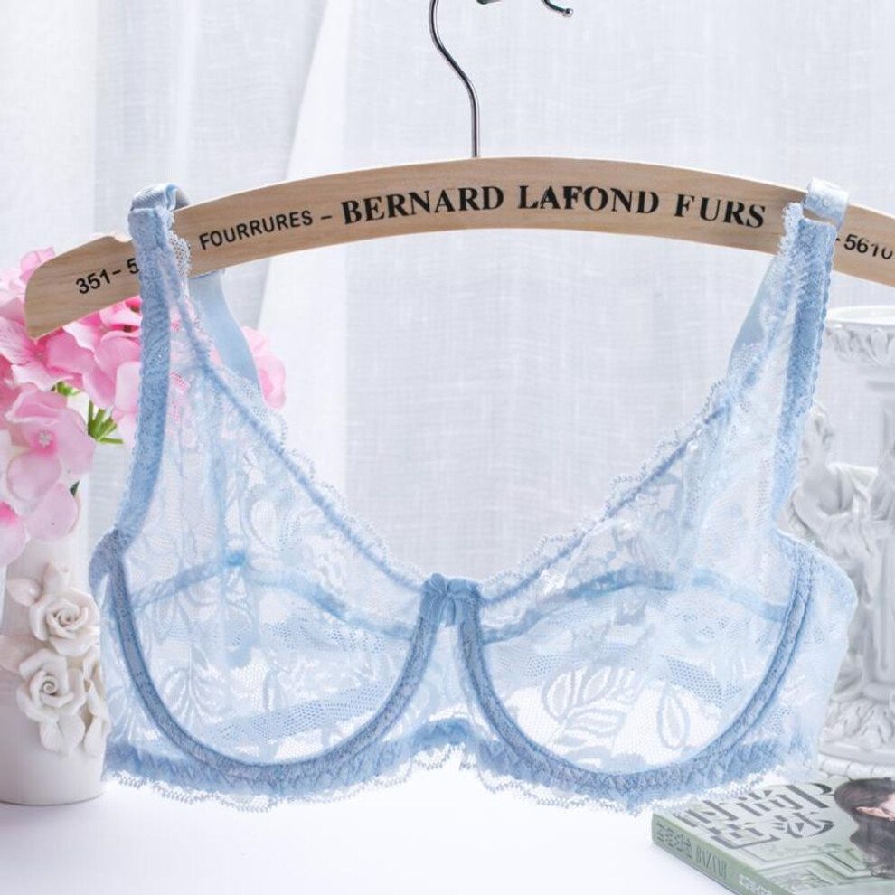 (sky blue, 38BC) Women Lingerie Plus Size No Padded Bra Fashion Ultra Thin Transparent Sexy Single Layer Lace Bra