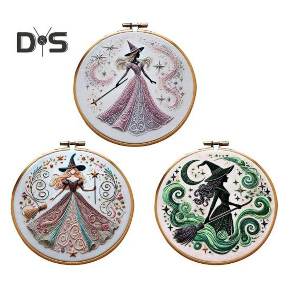 (as the picture, 3pcs) Pink Witch Embroidery Kit Witch Pattern DIY Embroidery Set Hand Embroidery Craft Kit for Beginners Embroidery Lovers