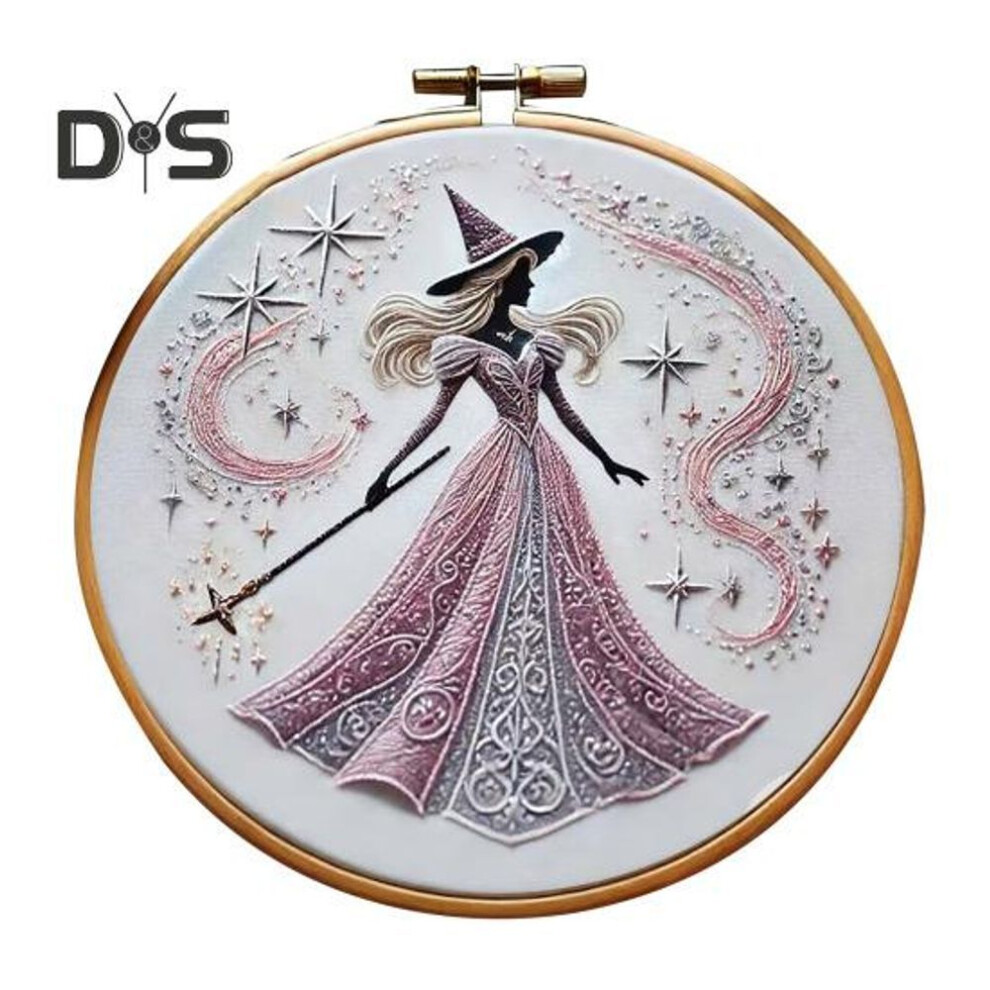 (as the picture, B) Pink Witch Embroidery Kit Witch Pattern DIY Embroidery Set Hand Embroidery Craft Kit for Beginners Embroidery Lovers