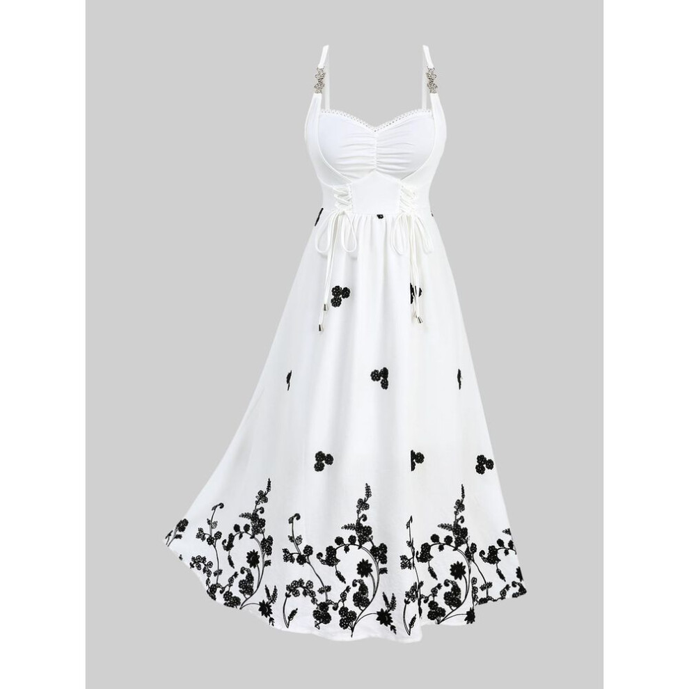 (white, 4XL) Rosegal Plus Size Lace Up Ruched Floral Jacquard Embroidery Leaf Buckle Two Tone A Line Cami Dress