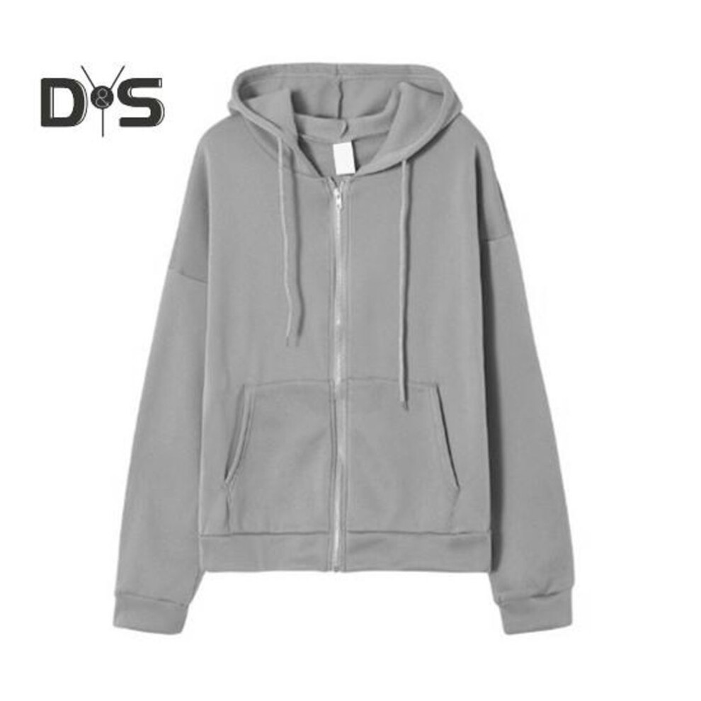 (L, grey) Ladies Fall Winter Coat Solid Color Loose Zip Up Pockets Long Sleeve Drawstring Hooded Elastic Cuff Lady Hoodie Jacket