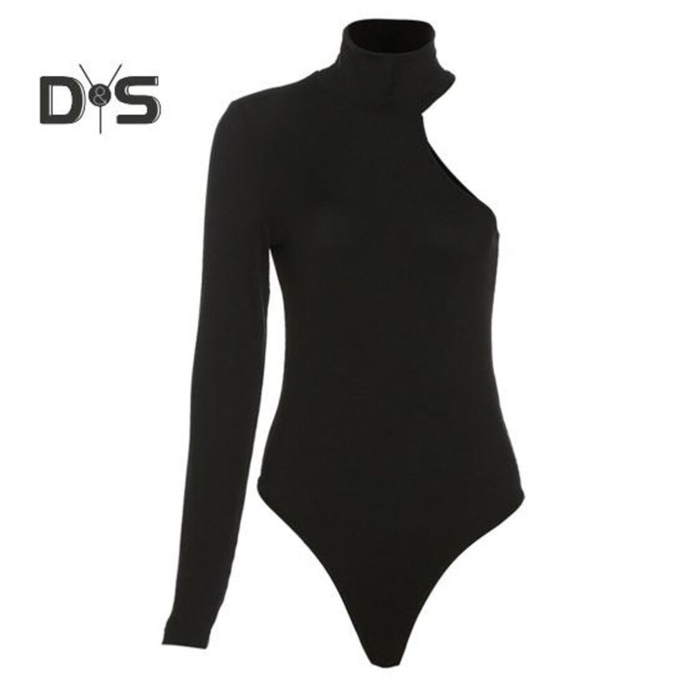 (black, L) Bodysuit One Shoulder Hollow Knitted Turtleneck Solid Color Elastic Soft Warm Bodysuit Skinny Lady Spring Fall Top