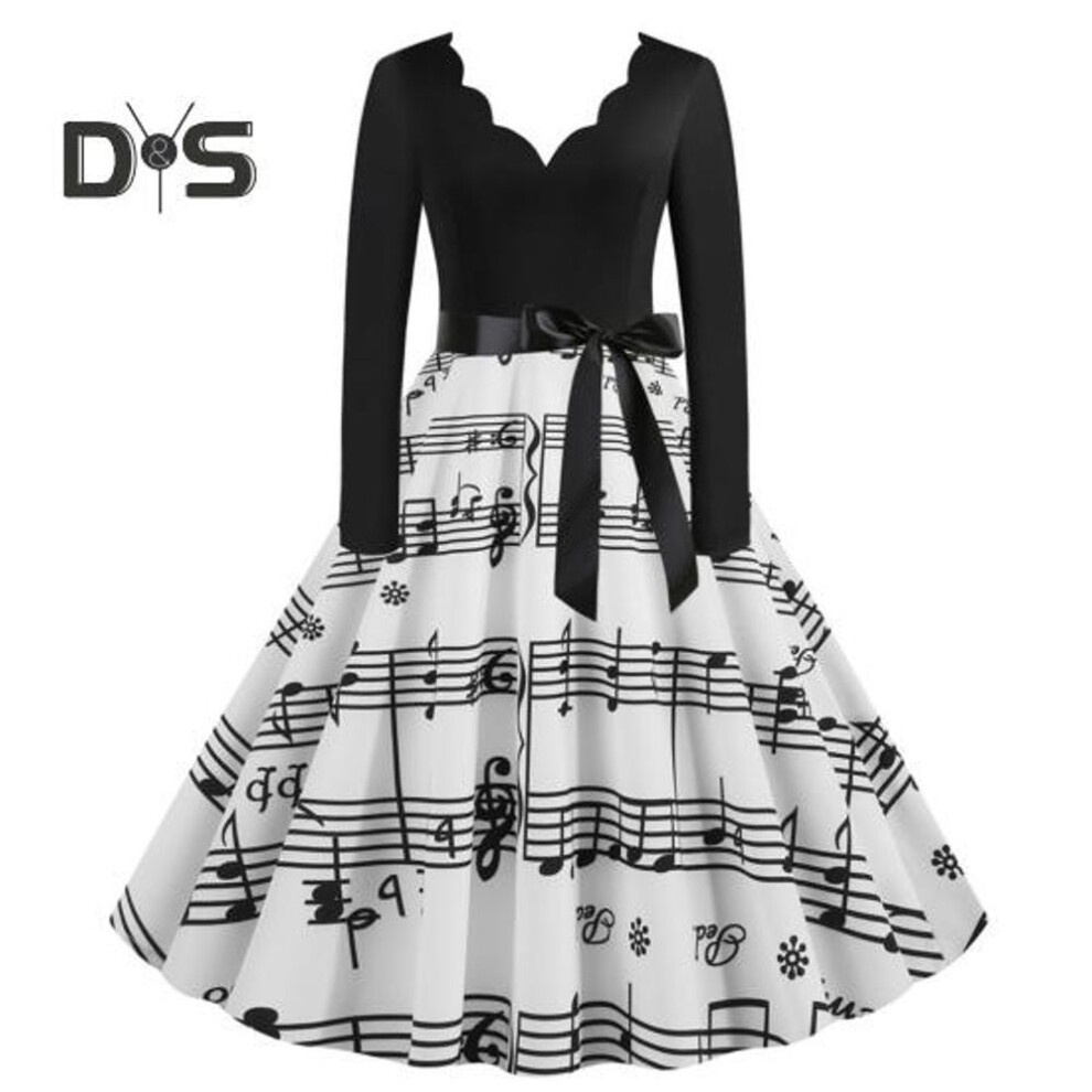 (black, 3XL) Ladies Vintage Dress V Neck Flower Edge A-line Bow Decor Big Swing Plaid Print Midi Dress Contrast Color Long Sleeve Gothic Christmas Party