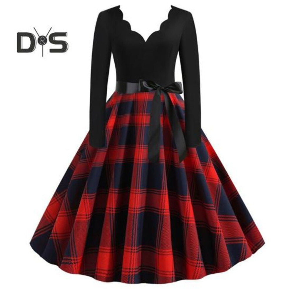 (red, L) Ladies Vintage Dress V Neck Flower Edge A-line Bow Decor Big Swing Plaid Print Midi Dress Contrast Color Long Sleeve Gothic Christmas Party