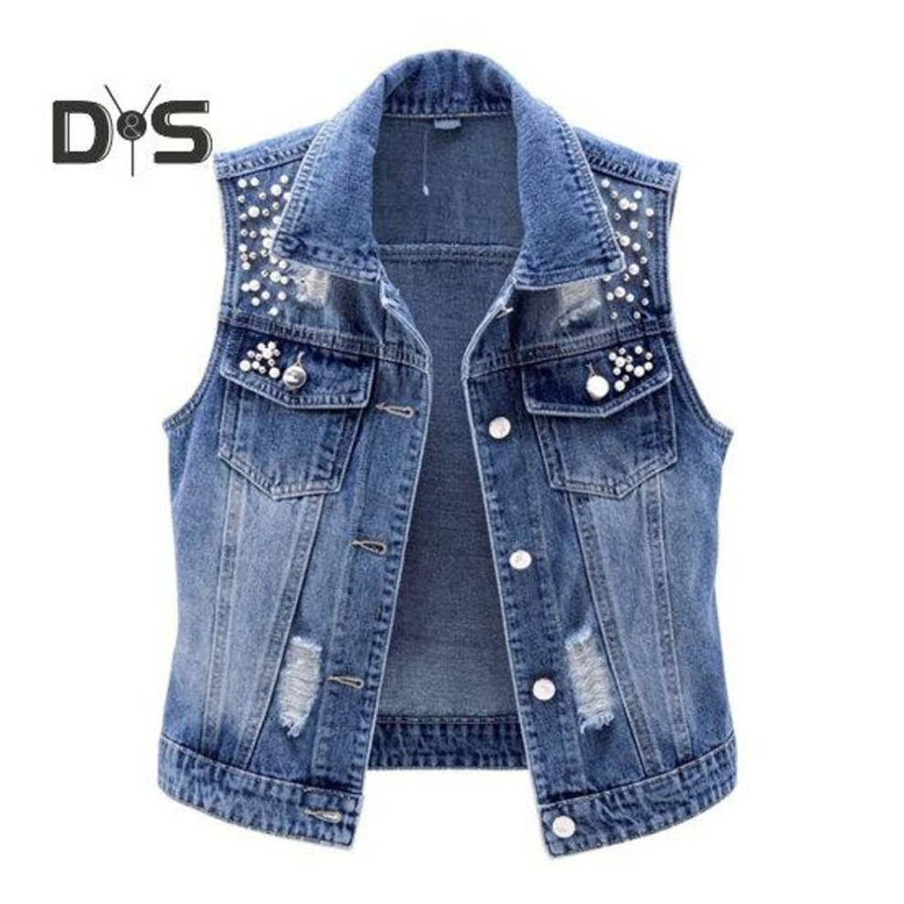 (blue, 2XL) Ladies Denim Vest Sleeveless Loose Lapel Bead Decor Single breasted Solid Color Vintage Firm Stitching Hip Hop Streetwear Lady Fall Spring Waistcoat