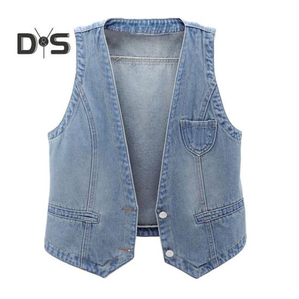 (light blue, XL) Ladies Denim Vest Sleeveless Loose V Neck Double Buttons Solid Color Vintage Firm Stitching Hip Hop Streetwear Lady Fall Spring Waistcoat