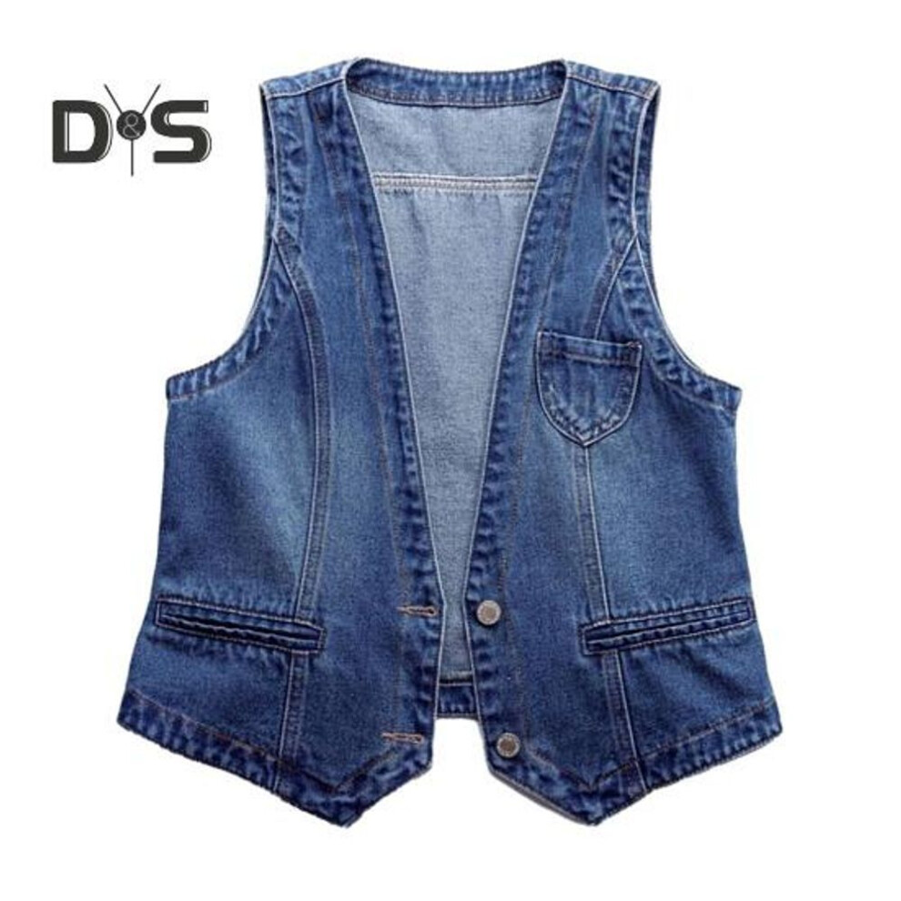(blue, XL) Ladies Denim Vest Sleeveless Loose V Neck Double Buttons Solid Color Vintage Firm Stitching Hip Hop Streetwear Lady Fall Spring Waistcoat