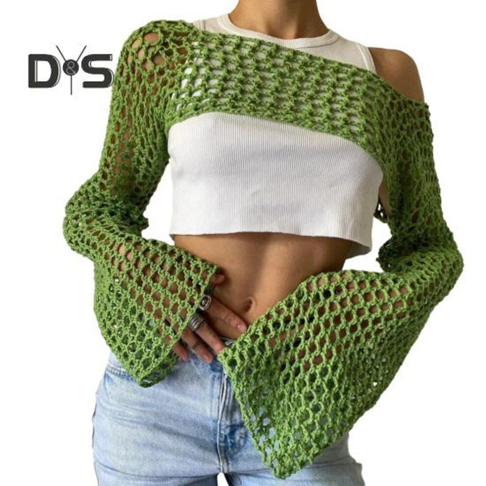 (S, green) Women Sweater Cover Up Crochet Knit Hollow Out Crop Top Stylish Comfortable Blouse Streetwear For Autumn
