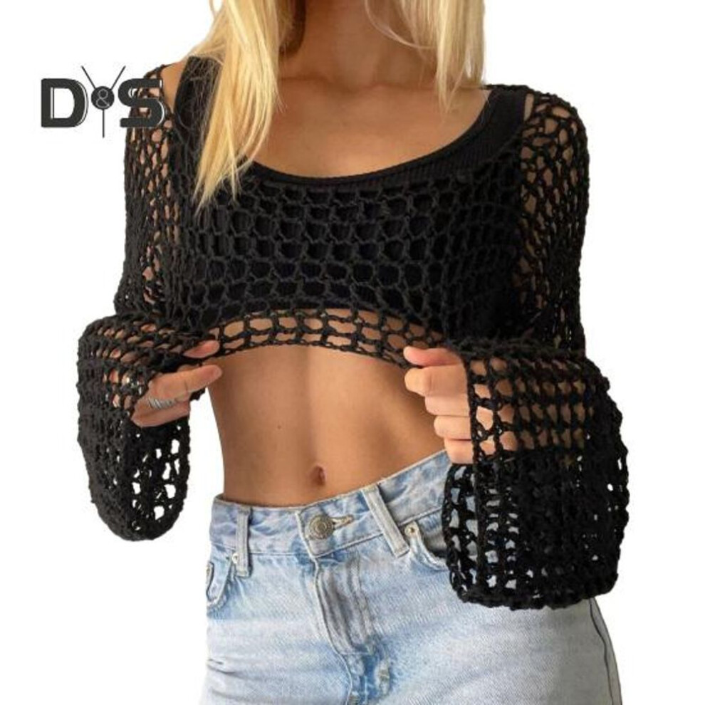 (S, black) Women Sweater Cover Up Crochet Knit Hollow Out Crop Top Stylish Comfortable Blouse Streetwear for Autumn