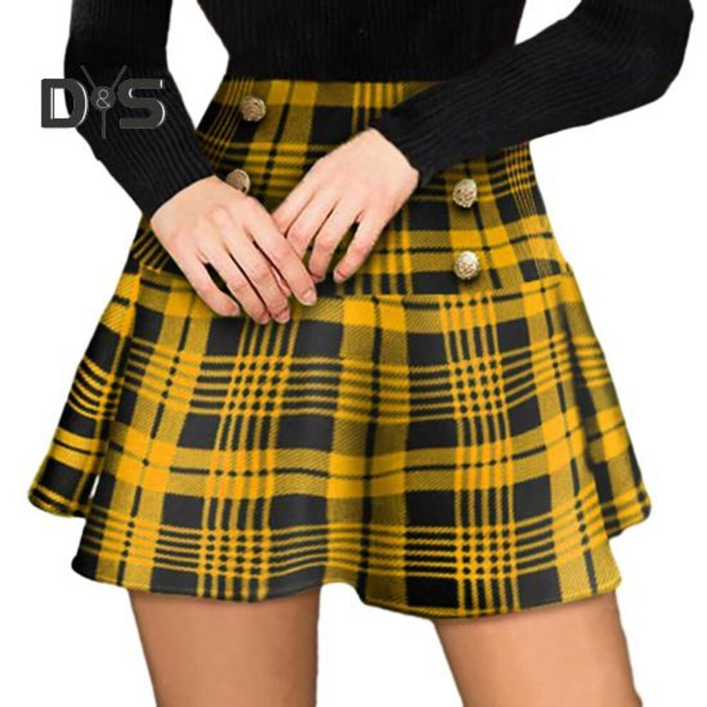 (3XL, yellow) Button Decorated Skirt Elegant Plaid Print Fashionable Soft And Breathable Polyester Material High Waist Pleated Skirt for Women