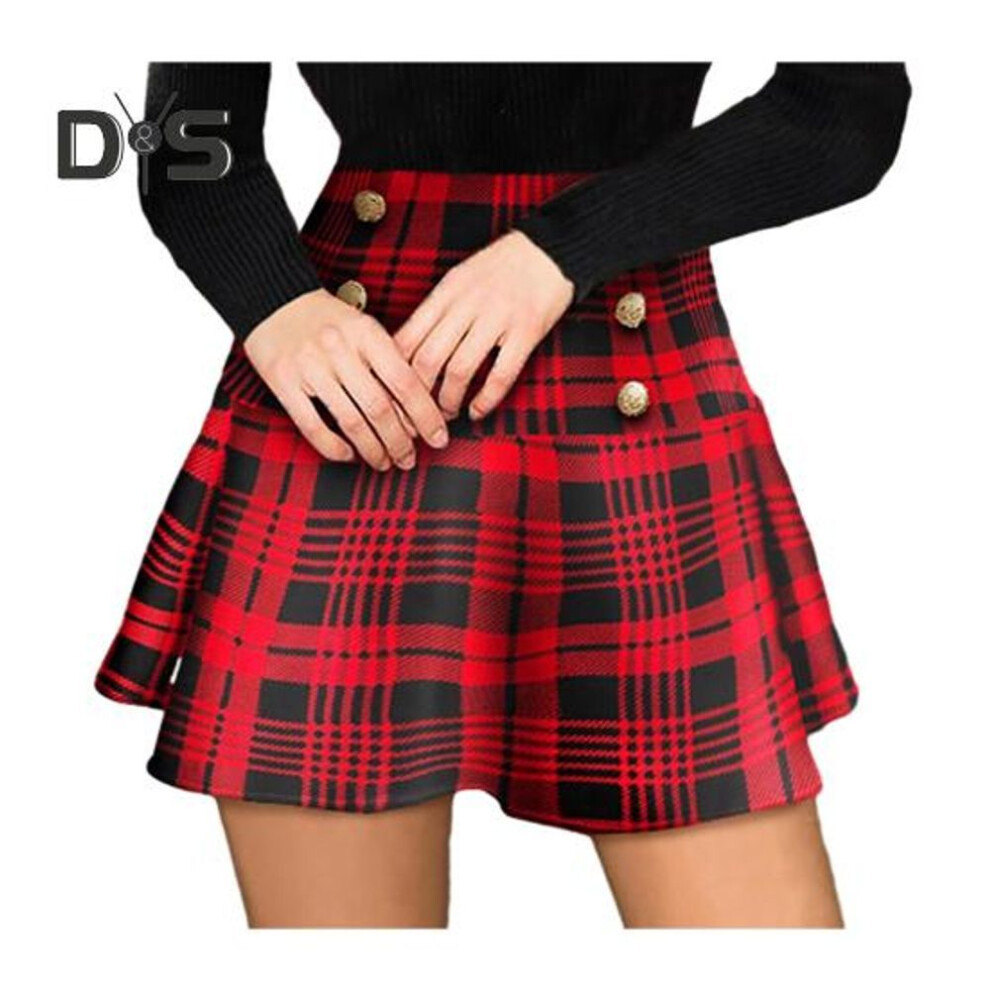 (XL, red) Button Decorated Skirt Elegant Plaid Print Fashionable Soft And Breathable Polyester Material High Waist Pleated Skirt for Women