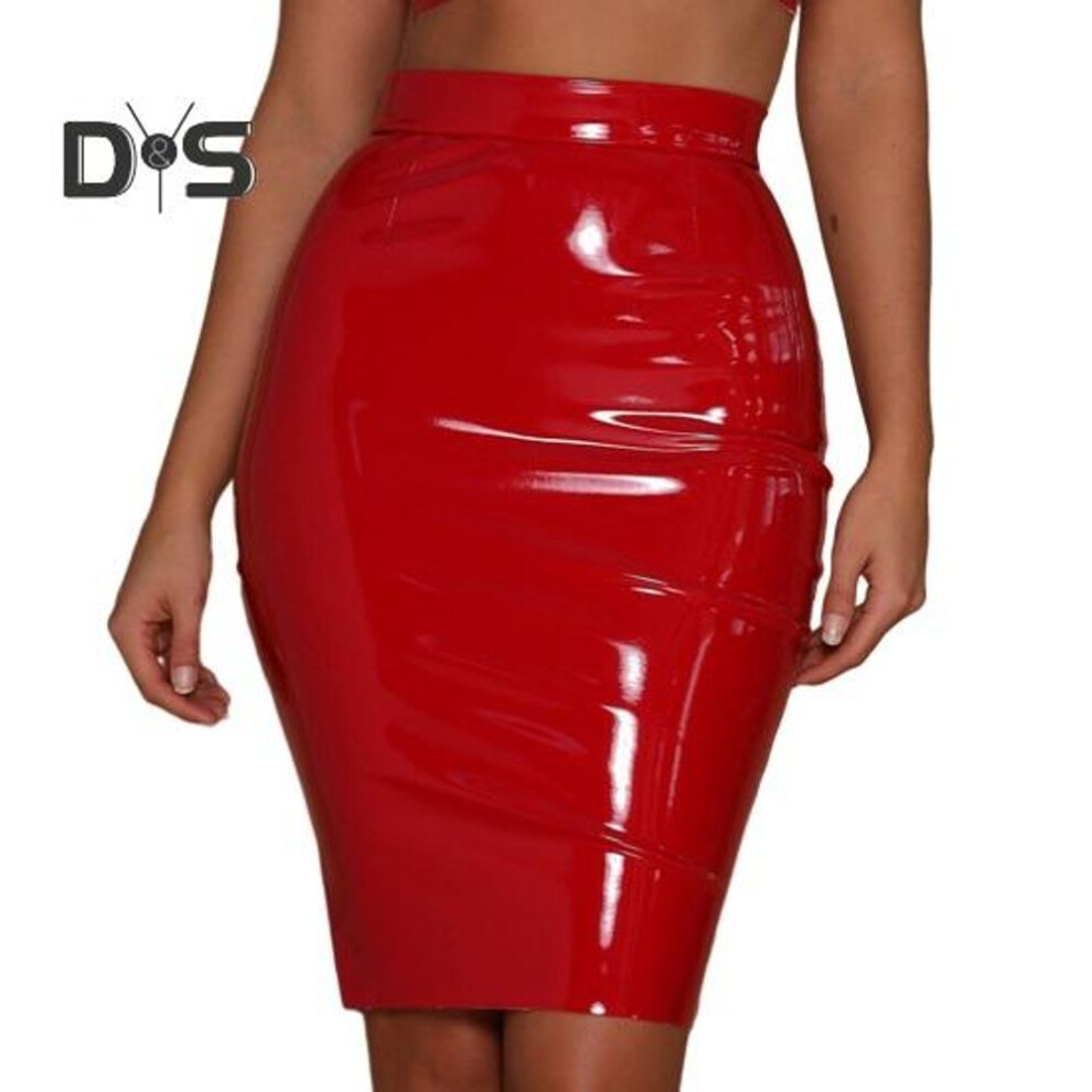 (S, red) Women Club Skirt Faux Leather Skinny Sheath High Waist Zipper Closure Solid Color Glossy Surface Slim Fit Knee Length Lady Party Dating Skirt