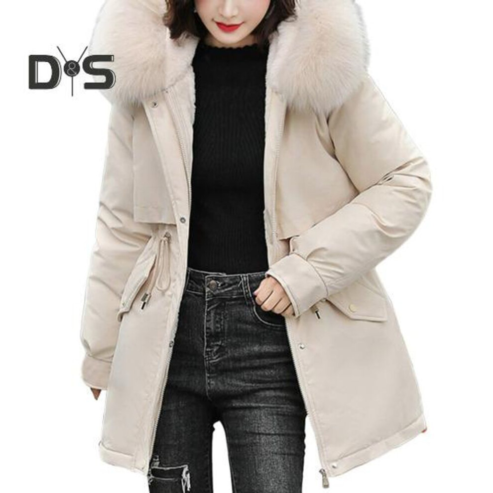 (white, L) Women Coat Hooded Winter Jacket With Faux Fur Collar Warm Fashionable Zipper Closure Coat For Autumn Winter