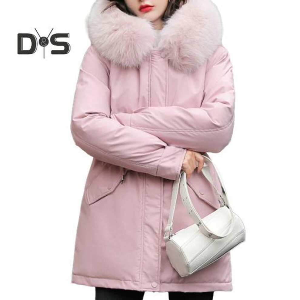 (pink, 2XL) Women Coat Hooded Winter Jacket with Faux Fur Collar Warm Fashionable Zipper Closure Coat for Autumn Winter