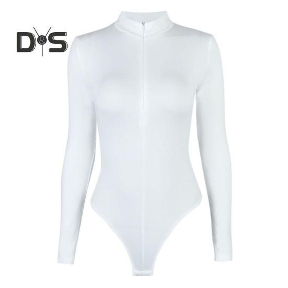 (white, S) Women Autumn Winter Solid Color Bottoming Bodysuit Mock Neck Long Sleeve Zipper Half Placket Fleece Lining Skinny Fit Romper