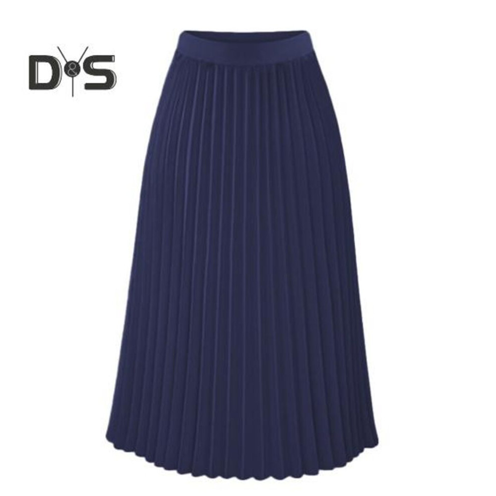 (M, dark blue) Autumn Winter Pleated Skirt Elastic High Waist Calf Length Casual Loose Skirt Elegant Ladies Solid Color Long Skirt Women Clothing Streetwear