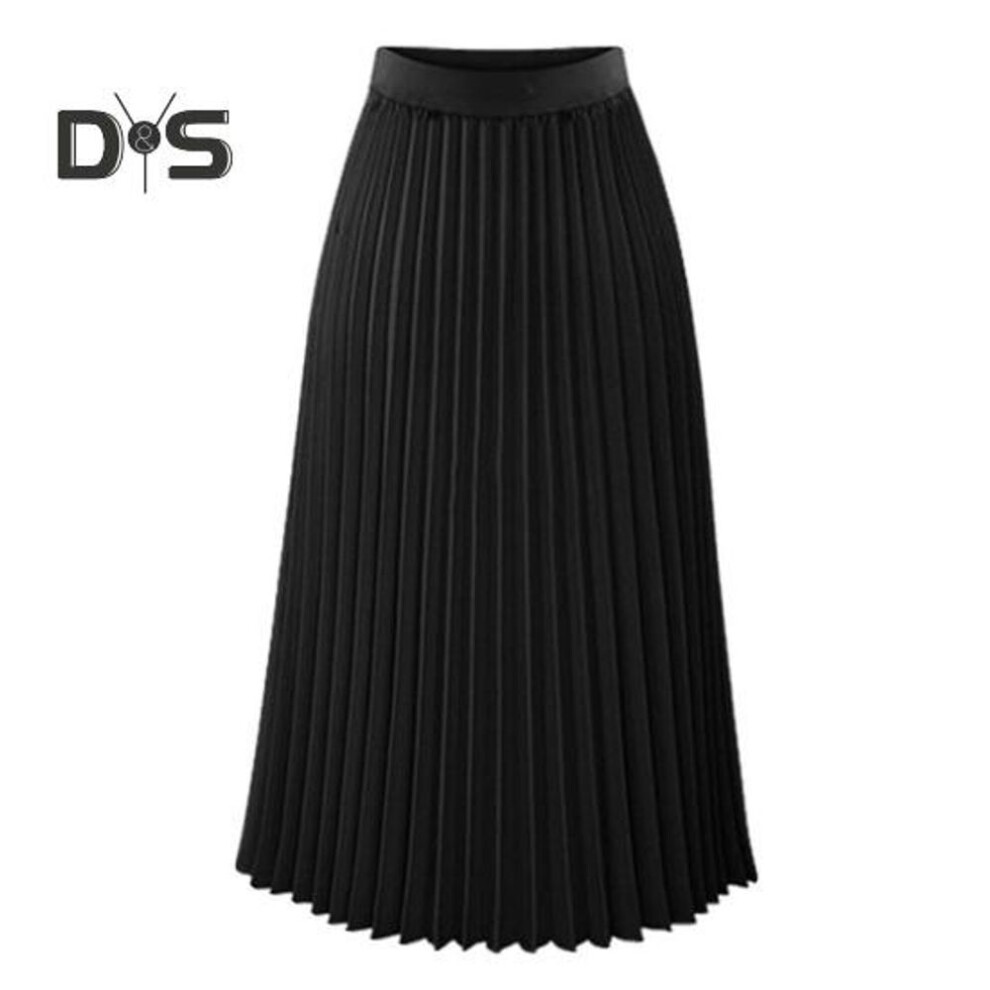 (XL, black) Autumn Winter Pleated Skirt Elastic High Waist Calf Length Casual Loose Skirt Elegant Ladies Solid Color Long Skirt Women Clothing Streetwear