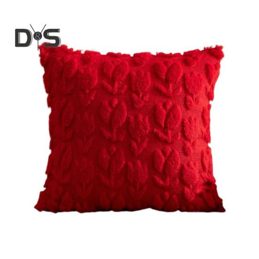 (red) Floral Throw Pillow Cover 18x18 Inch Square Jacquard Cushion Case Plush Tulip Pillow Cover for Living Room Sofa Couch Bedroom Decoration