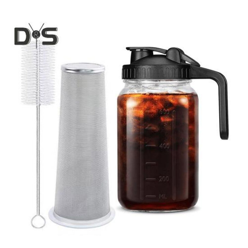 (black, 1000ML 1 Set) Cold Brew Coffee Maker 32oz/64oz Glass Pitcher With Stainless Steel Filter Wide Mouth Mason Jar Pitcher For Iced Tea Lemonade