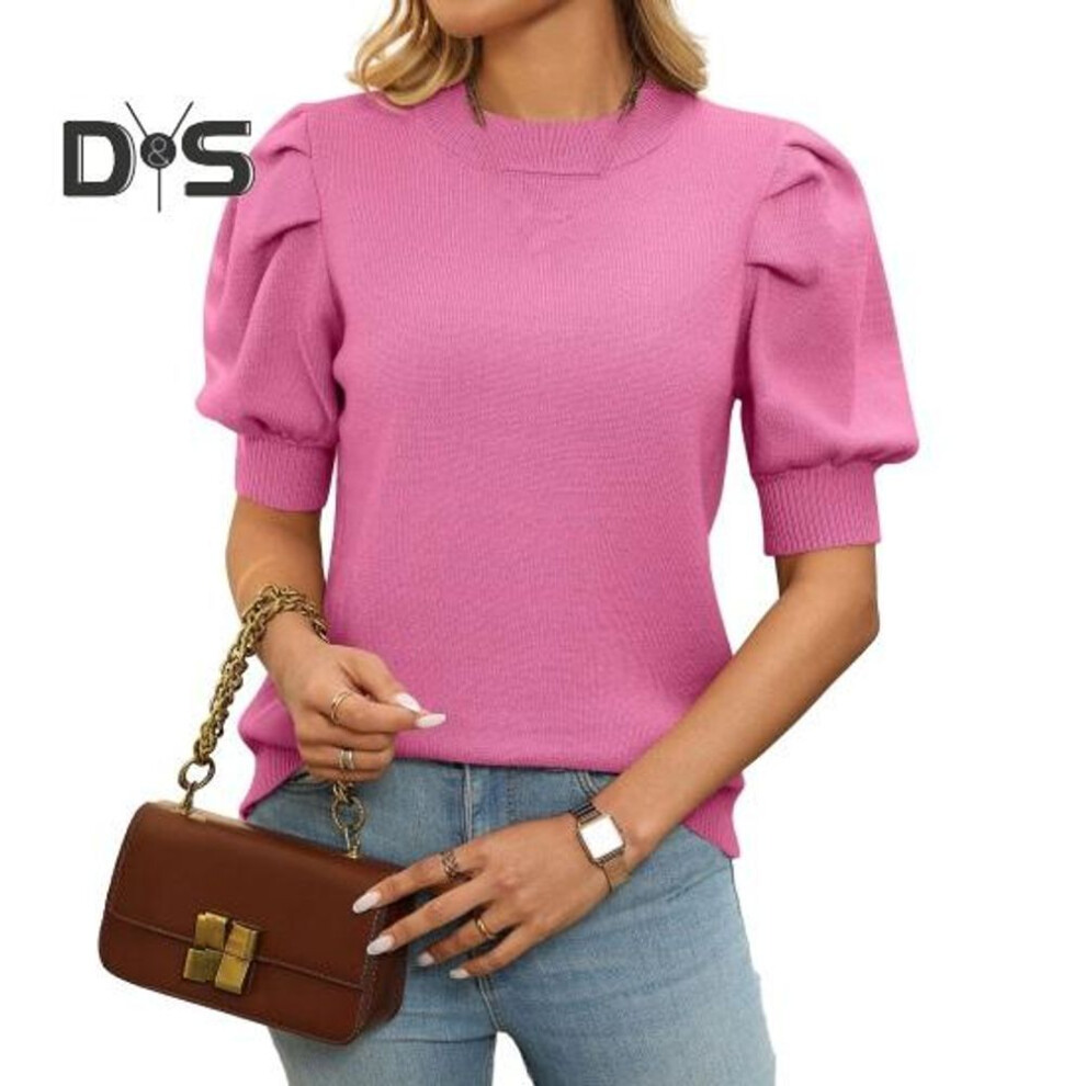 (M, rose red) Women Knitting Tops Round Neck Puff Short Sleeve Solid Color Summer Tops Breathable Elastic Leisure Outdoor T-shirt