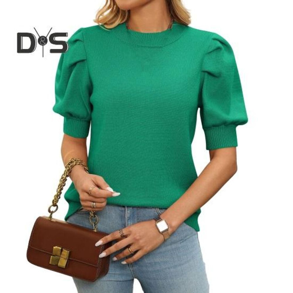 (XL, green) Women Knitting Tops Round Neck Puff Short Sleeve Solid Color Summer Tops Breathable Elastic Leisure Outdoor T-shirt