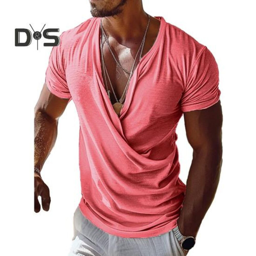 (pink, XXL) Men T-shirt V-neck Short Sleeve Casual Tops Loose Fit Solid Color Breathable Fabric Pullover Tops Home Gym Street Wear
