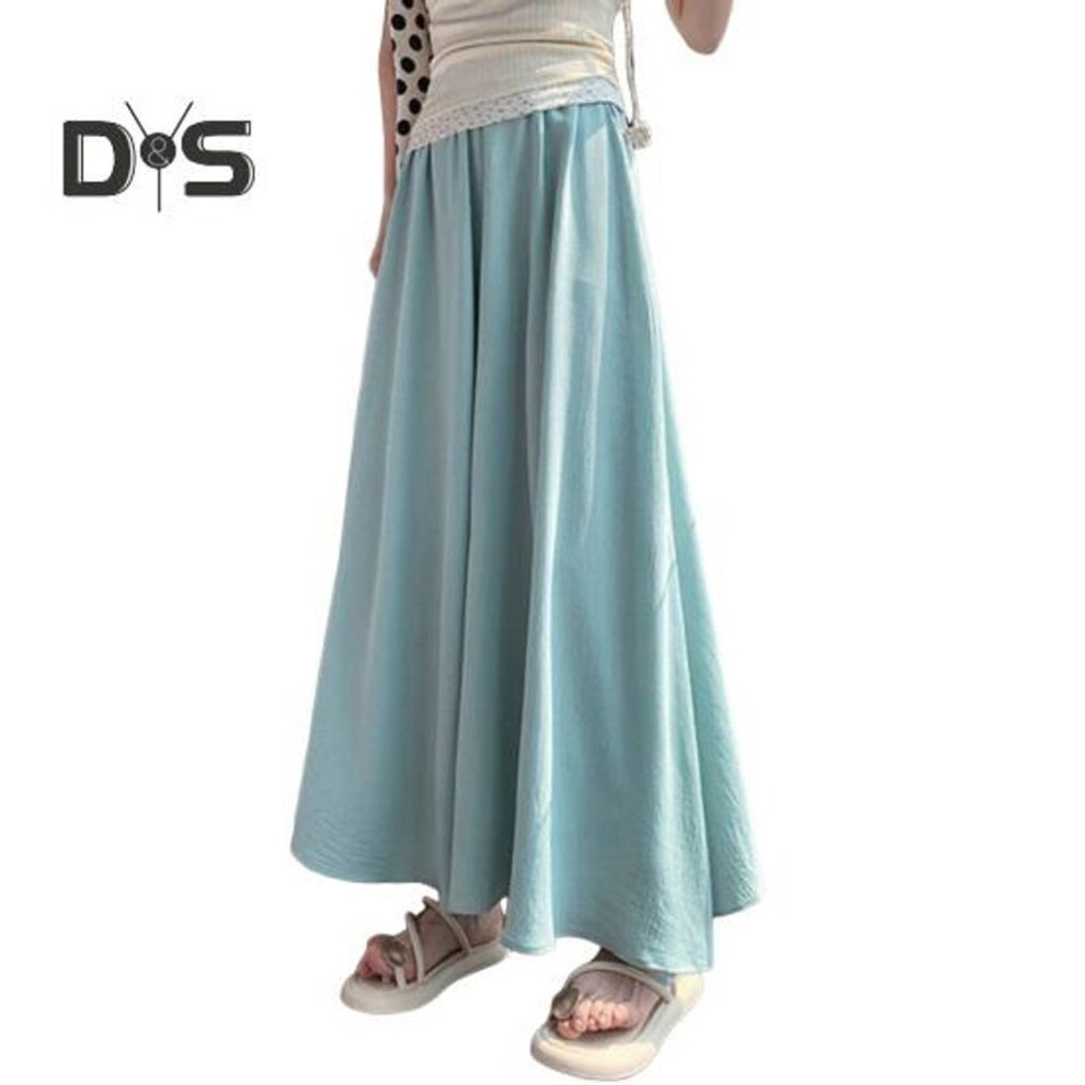 (L, blue) Women Casual Pants Elastic High Waist Solid Color Oversized Wide Leg Pants Skirt Vacation Work School Summer Pants Skirt