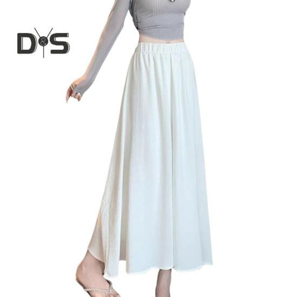 (L, white) Women Casual Pants Elastic High Waist Solid Color Oversized Wide Leg Pants Skirt Vacation Work School Summer Pants Skirt