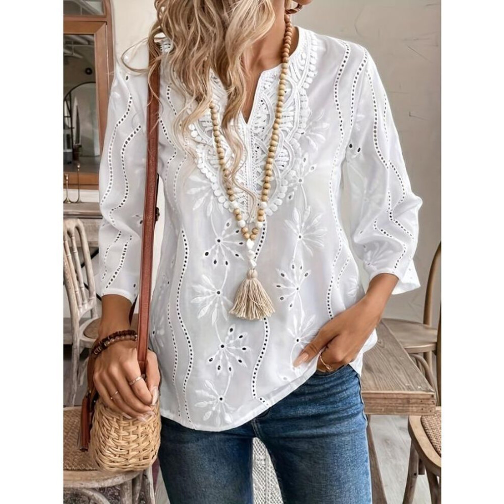 (L, white) Autumn Loose-fitting V-neck Temperament Commuter Embroidered Flared Sleeve Lace Blouse Chiffon Shirt