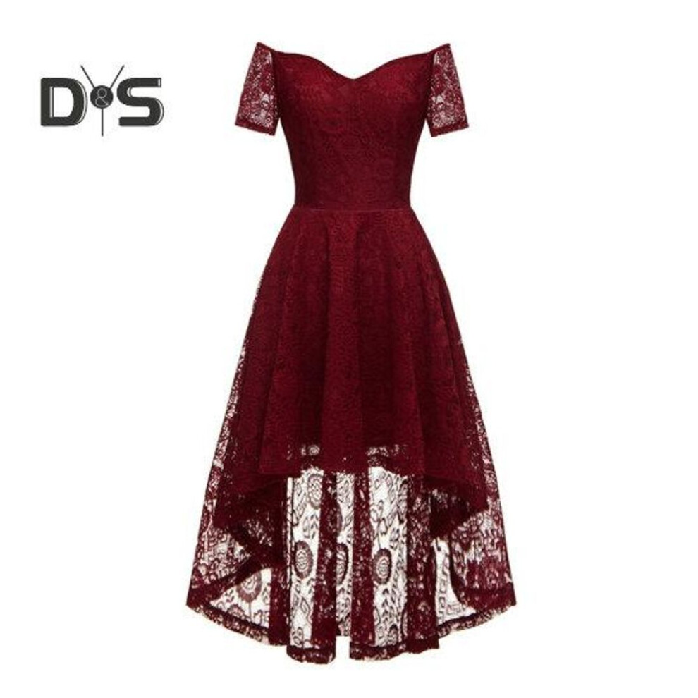 (wine red, L) Women Evening Dress Off Shoulder Flower Lace Irregular High Low Hem V Neck Short Sleeve Solid Color Wedding Cocktail Formal Dress