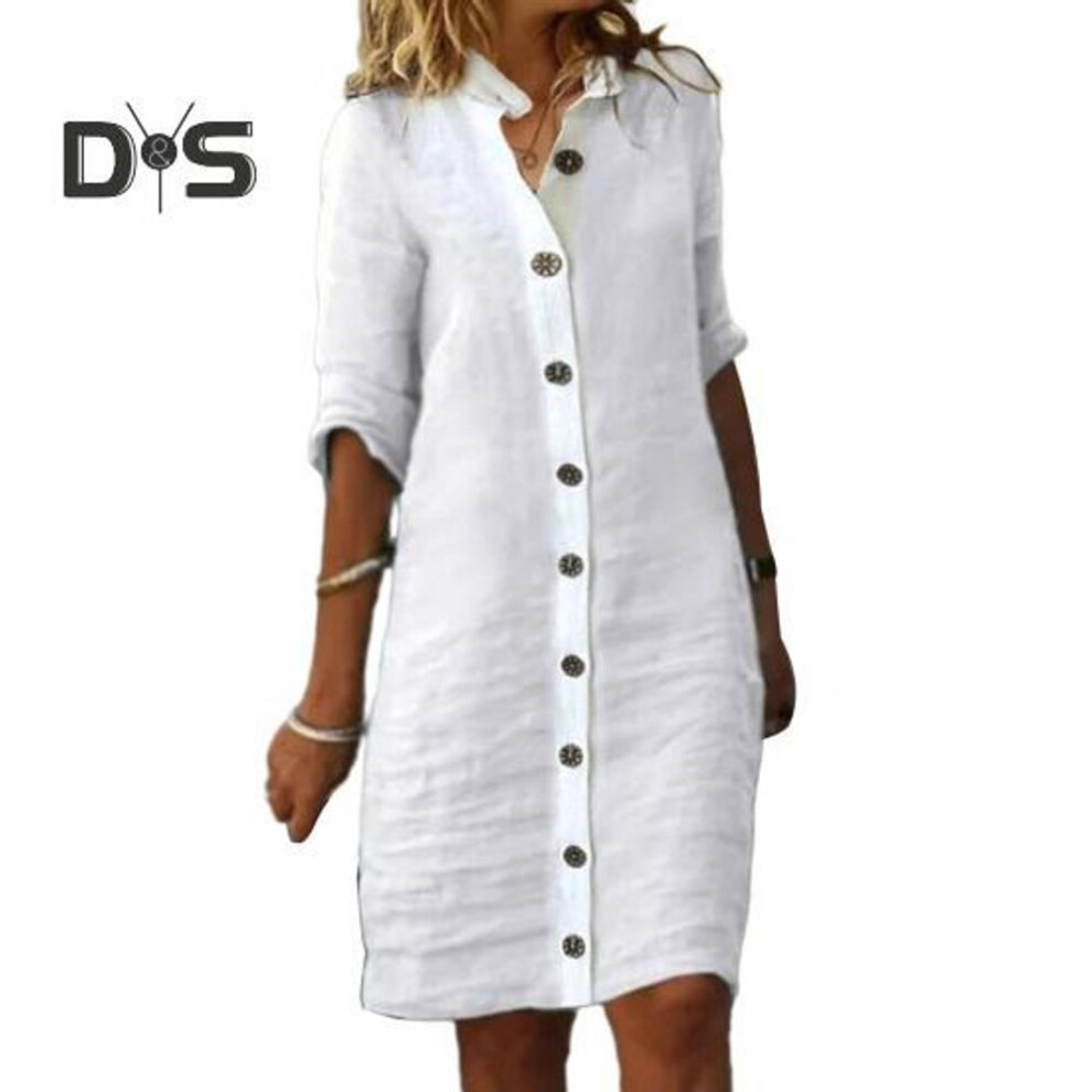 (white, 3XL) Women Summer Midi Dress Lapel Half Sleeve Solid Color Single Breasted Soft Breathable Buttons Lady Knee Length Fall Spring Dress