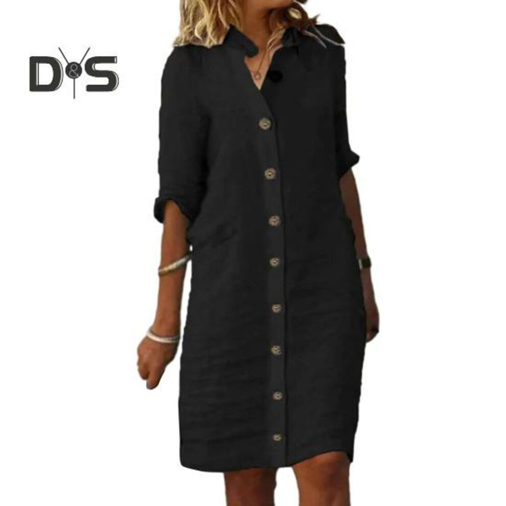 (black, 3XL) Women Summer Midi Dress Lapel Half Sleeve Solid Color Single Breasted Soft Breathable Buttons Lady Knee Length Fall Spring Dress
