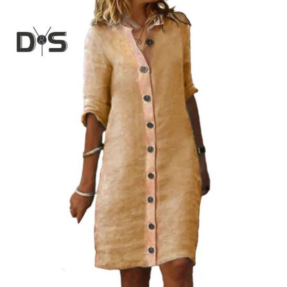 (khaki, L) Women Summer Midi Dress Lapel Half Sleeve Solid Color Single Breasted Soft Breathable Buttons Lady Knee Length Fall Spring Dress