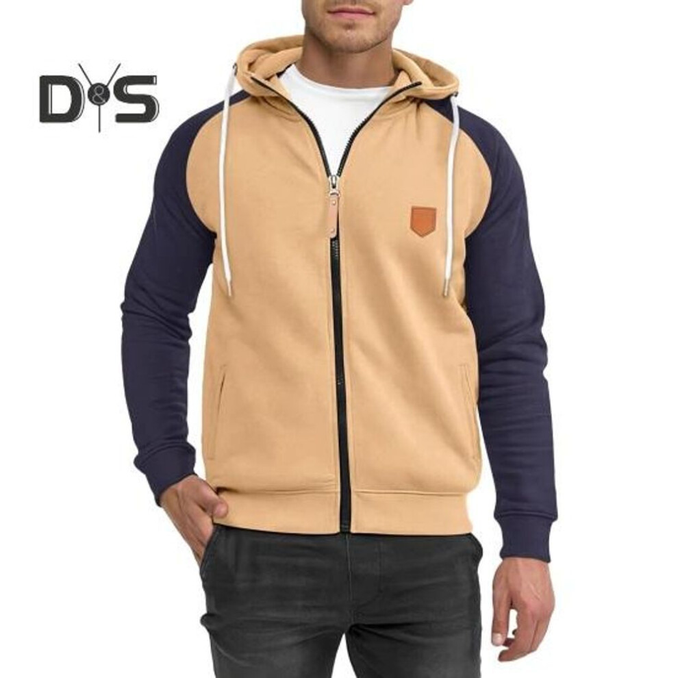 (camel, S) Men Fall Winter Hoodie Zip-up Long Sleeves Colorblock Drawstring Pockets Elastic Cuff And Hem Hooded Cardigan Thin Daily Wear Casual Sport Coat