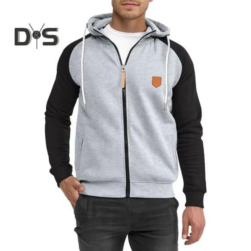 (light grey, XL) Men Fall Winter Hoodie Zip-up Long Sleeves Colorblock Drawstring Pockets Elastic Cuff And Hem Hooded Cardigan Thin Daily Wear Casual Sport Coat